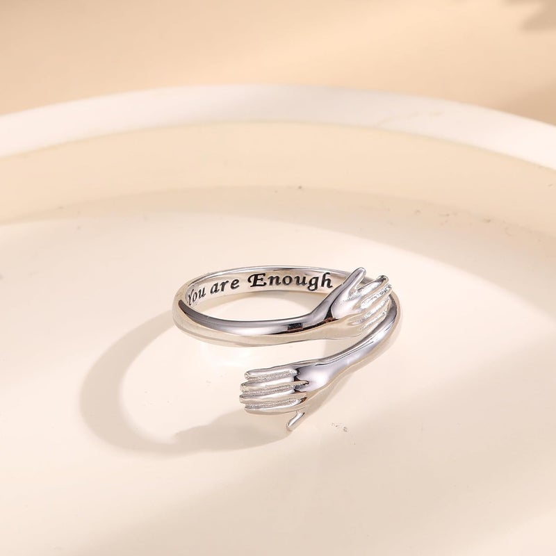 Yadoca 925 Sterling Silver Hug Ring for Women Men Adjustable Hugging Hands Open Love Promise Friendship Wedding Ring - Image 3